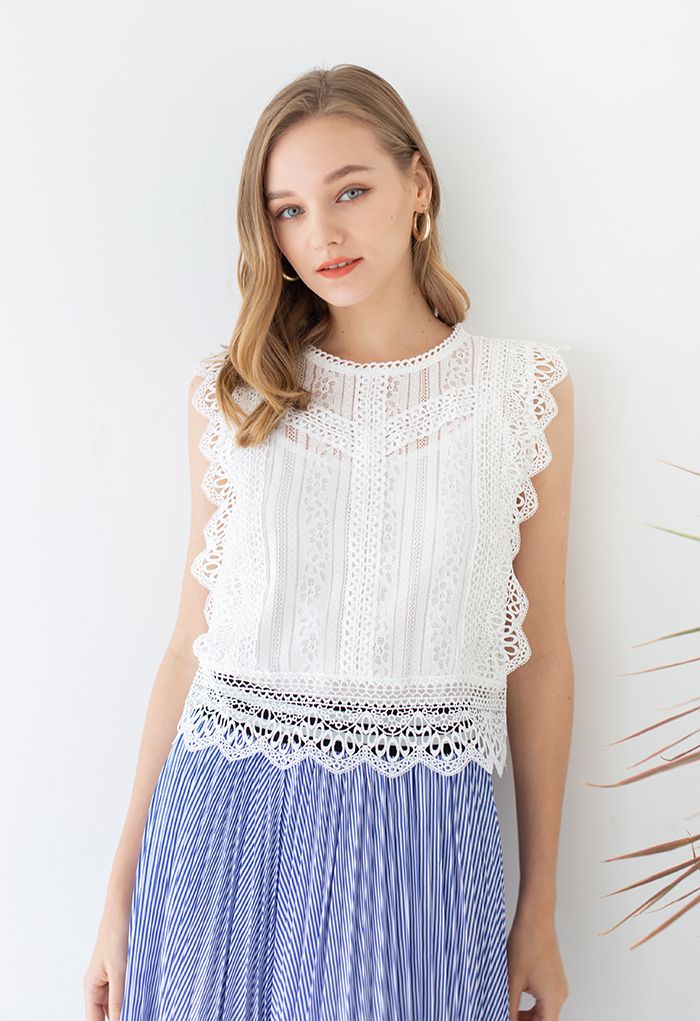 Crochet Trim Sleeveless Lace Top in White