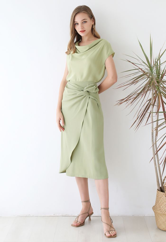 Ruched Drape Satin Sleeveless Top in Pistachio