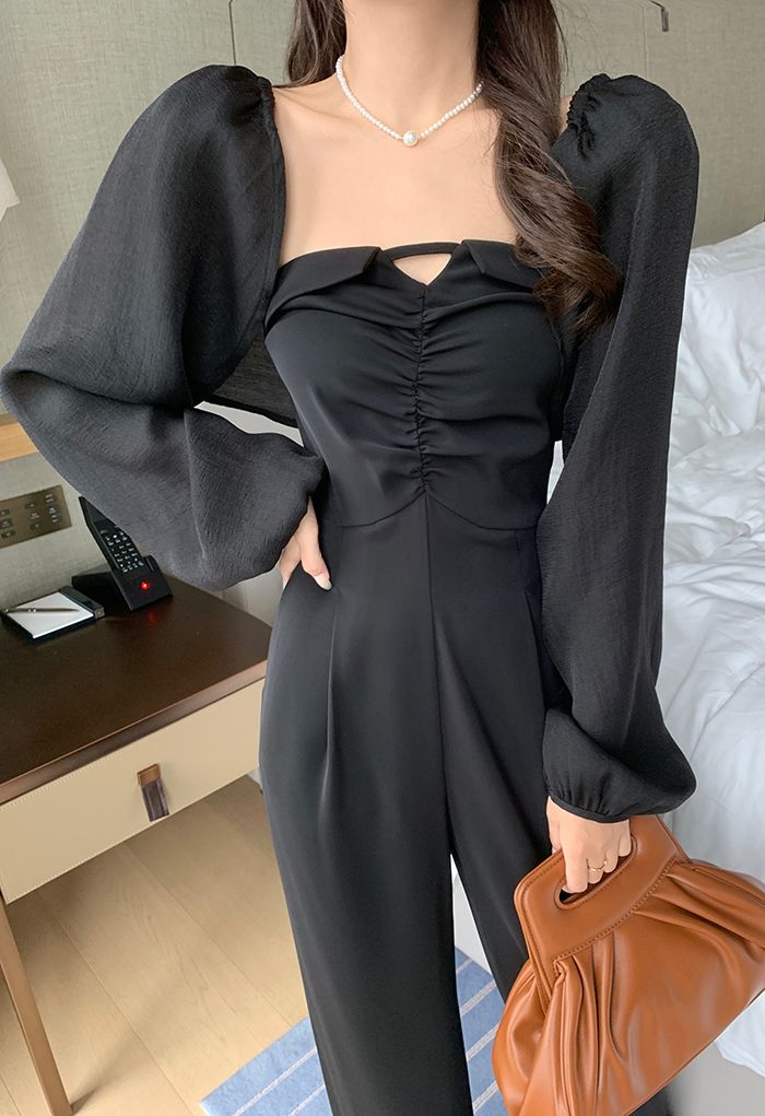 Strapless Jumpsuit and Bolero Shrug Top Set in Black