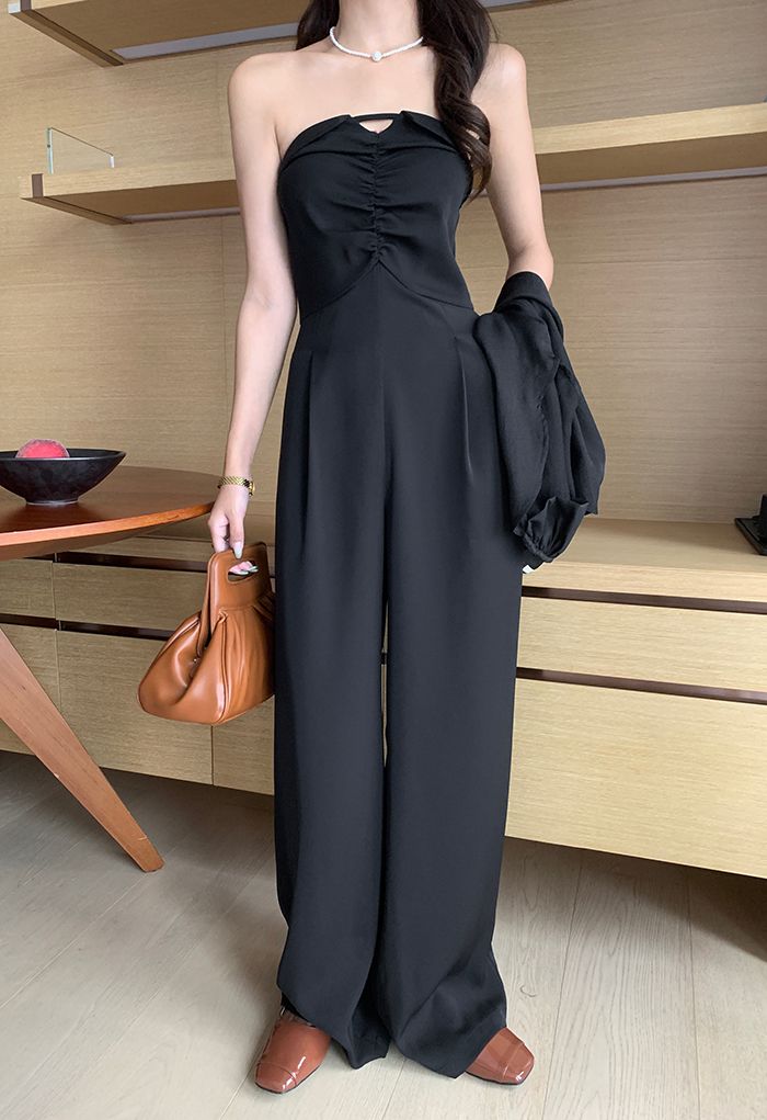 Strapless Jumpsuit and Bolero Shrug Top Set in Black