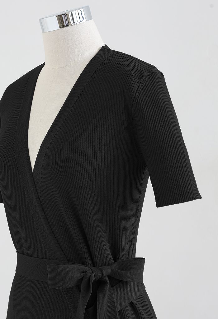 Self-Tie Bowknot Bodycon Knit Wrap Dress in Black