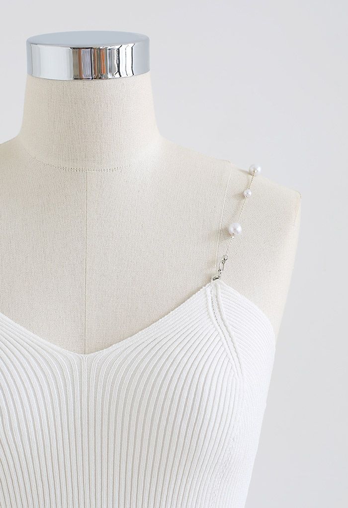 Cropped Knit Pearly Tank Top in White
