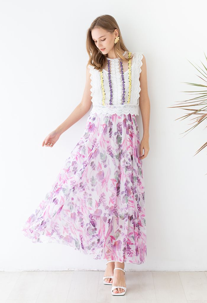 Plum Floral Watercolor Chiffon Maxi Skirt