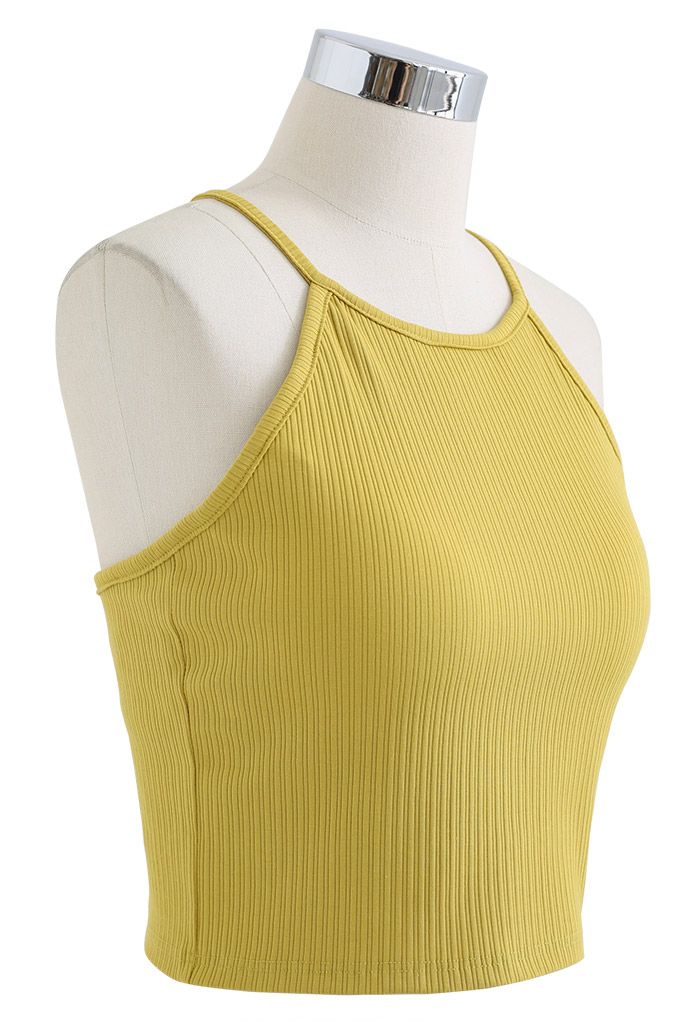 Halter Neck Racer Back Ribbed Top in Mustard