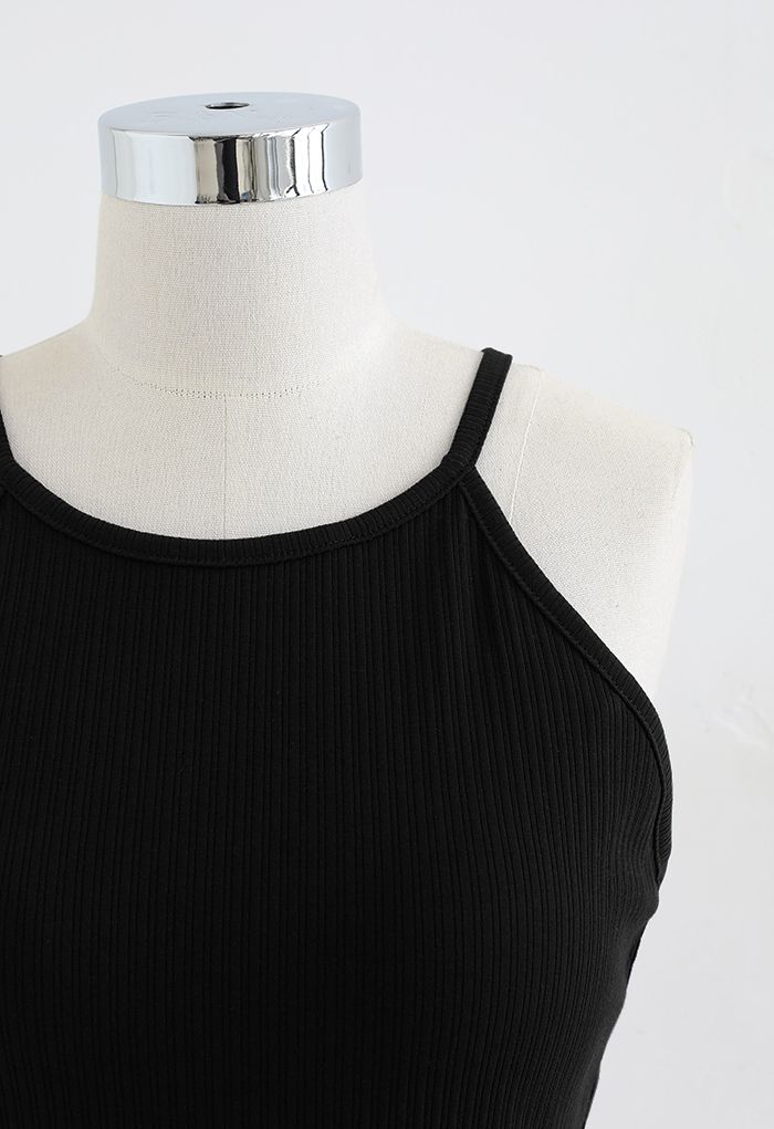 Halter Neck Racer Back Ribbed Top in Black