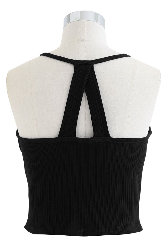 Halter Neck Racer Back Ribbed Top in Black