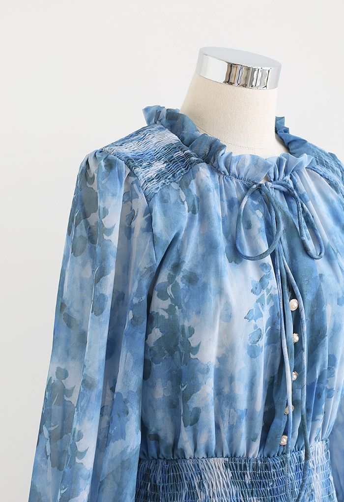 Blue Watercolor Printed V-Neck Midi Dress