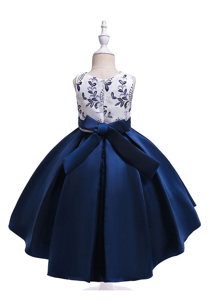 Embroidered Branch Bowknot Hi-Lo Princess Dress in Navy For Kids