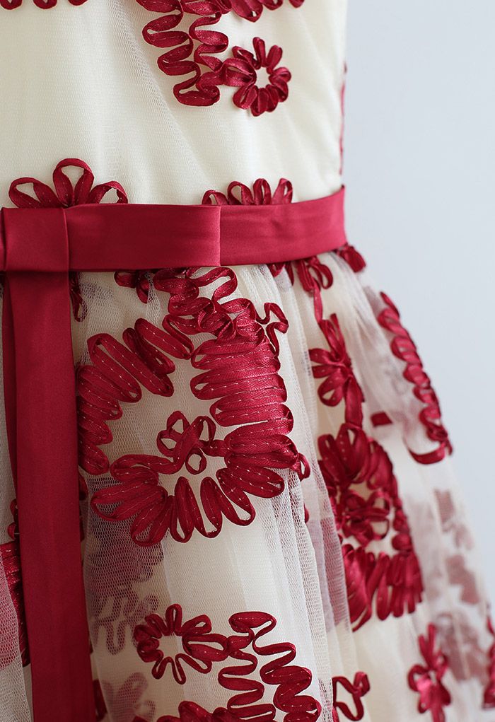 Asymmetric Floral Embroidered Tulle Dress in Burgundy For Kids