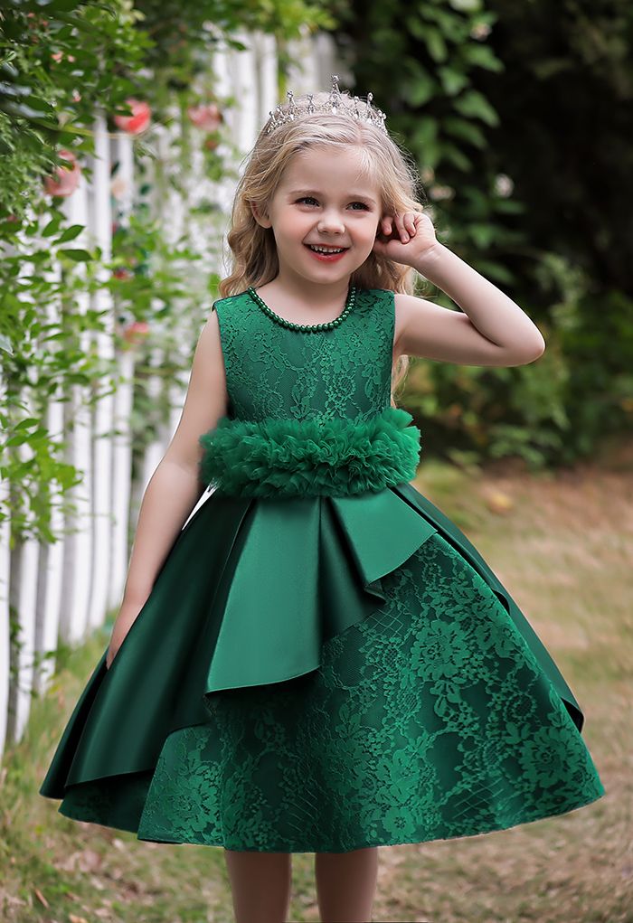Floral Lace Ruffle Mesh Princess Dress in Emerald For Kids