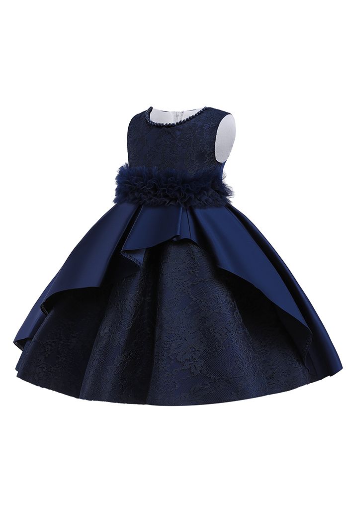 Floral Lace Ruffle Mesh Princess Dress in Navy For Kids