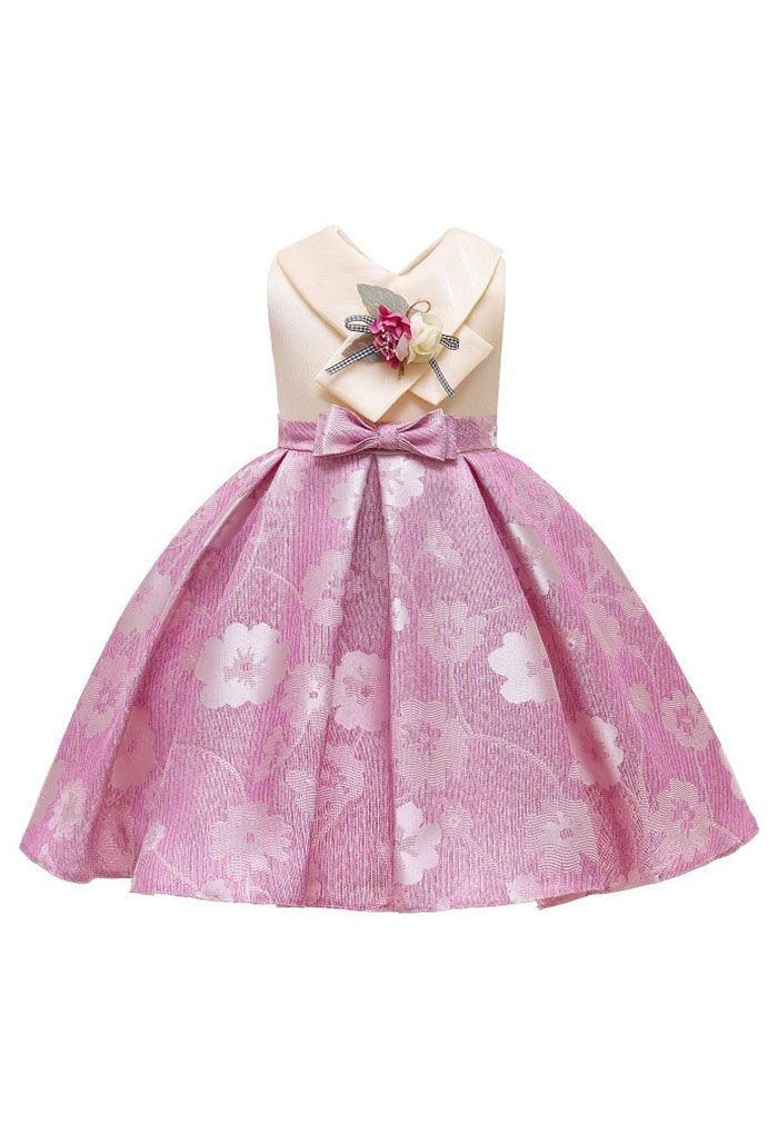 Bowknot Floral Jacquard Princess Dress in Pink For Kids