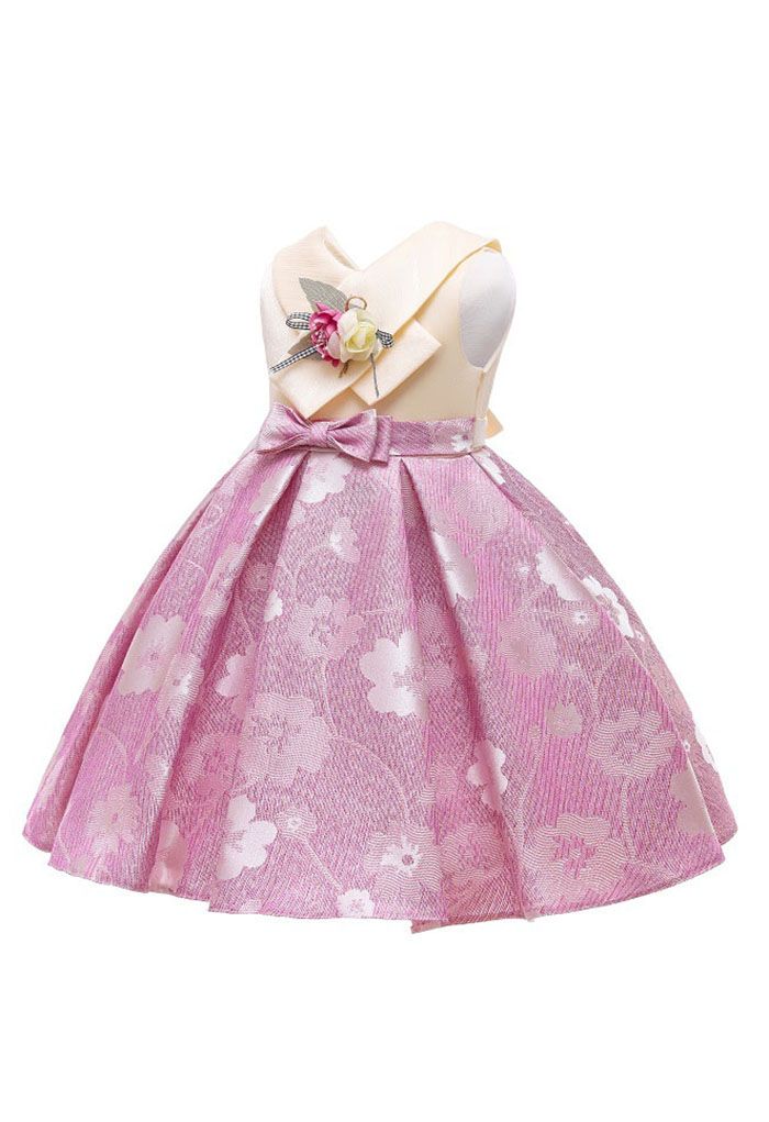Bowknot Floral Jacquard Princess Dress in Pink For Kids