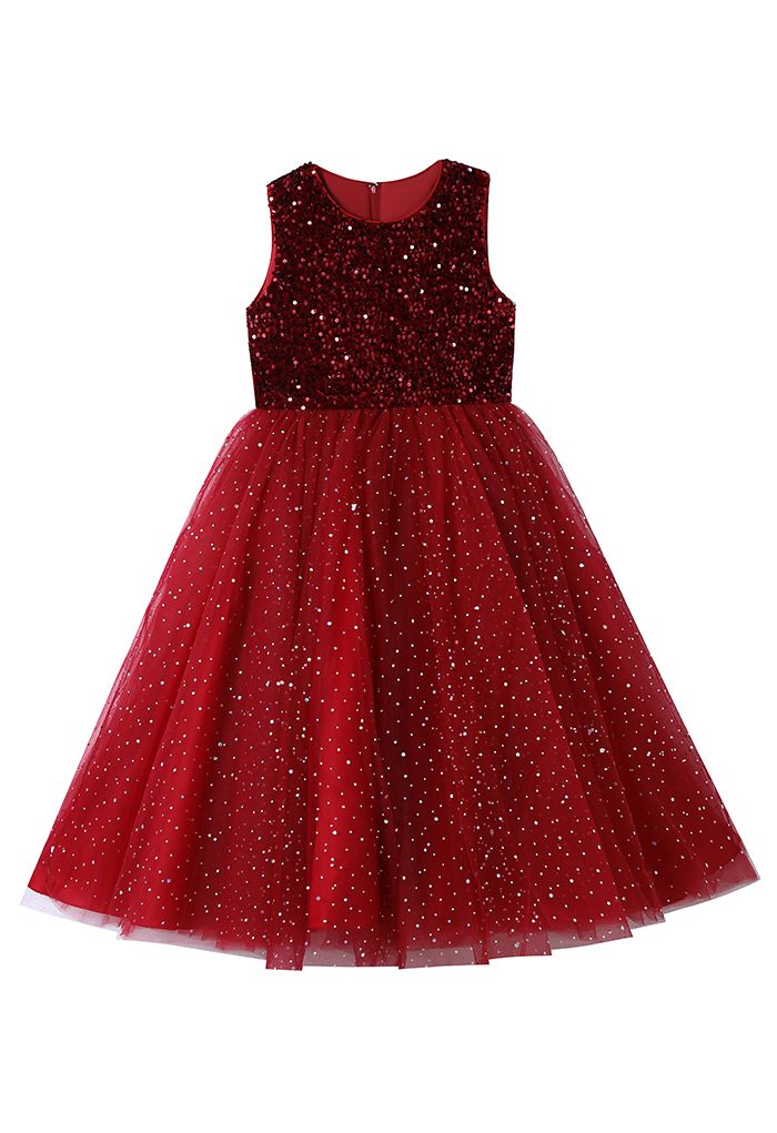 Shimmer Sequins Sleeveless Tulle Dress in Red For Kids