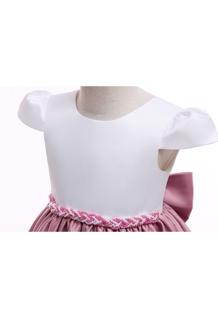 Beaded Waist Cap Sleeve Princess Dress in Pink For Kids