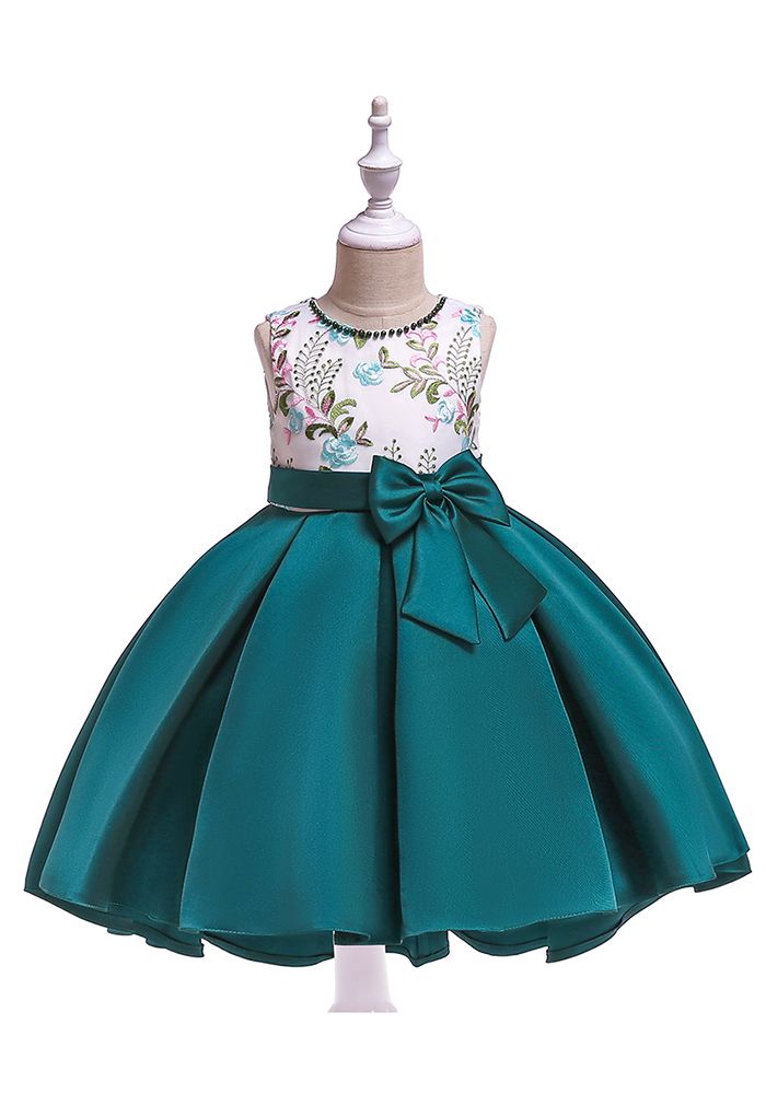 Embroidered Branch Bowknot Hi-Lo Princess Dress in Emerald For Kids