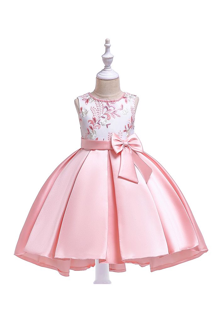 Embroidered Branch Bowknot Hi-Lo Princess Dress in Pink For Kids
