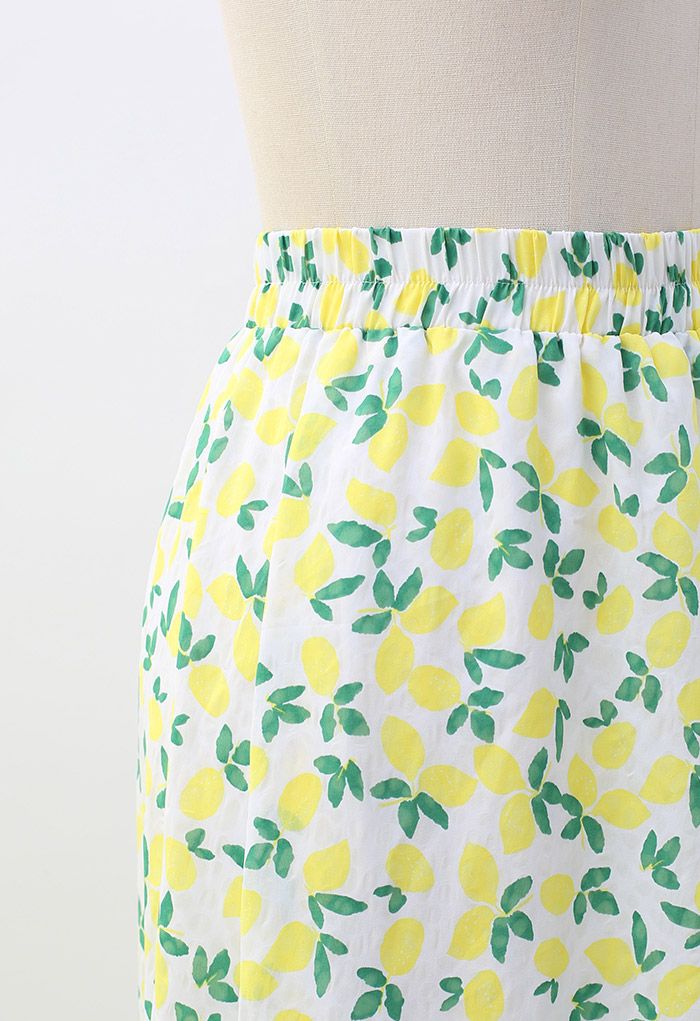 Fresh Lemon Print Midi Skirt in Yellow