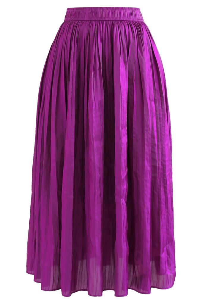 Glimmer Pleated Elastic Waist Midi Skirt in Magenta