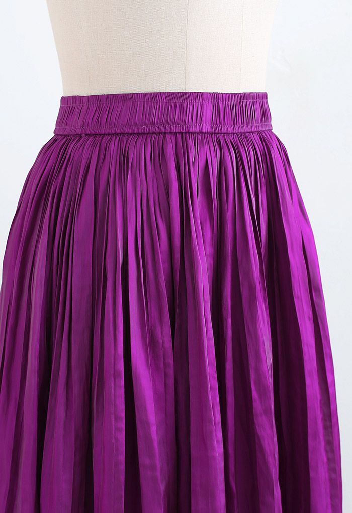Glimmer Pleated Elastic Waist Midi Skirt in Magenta