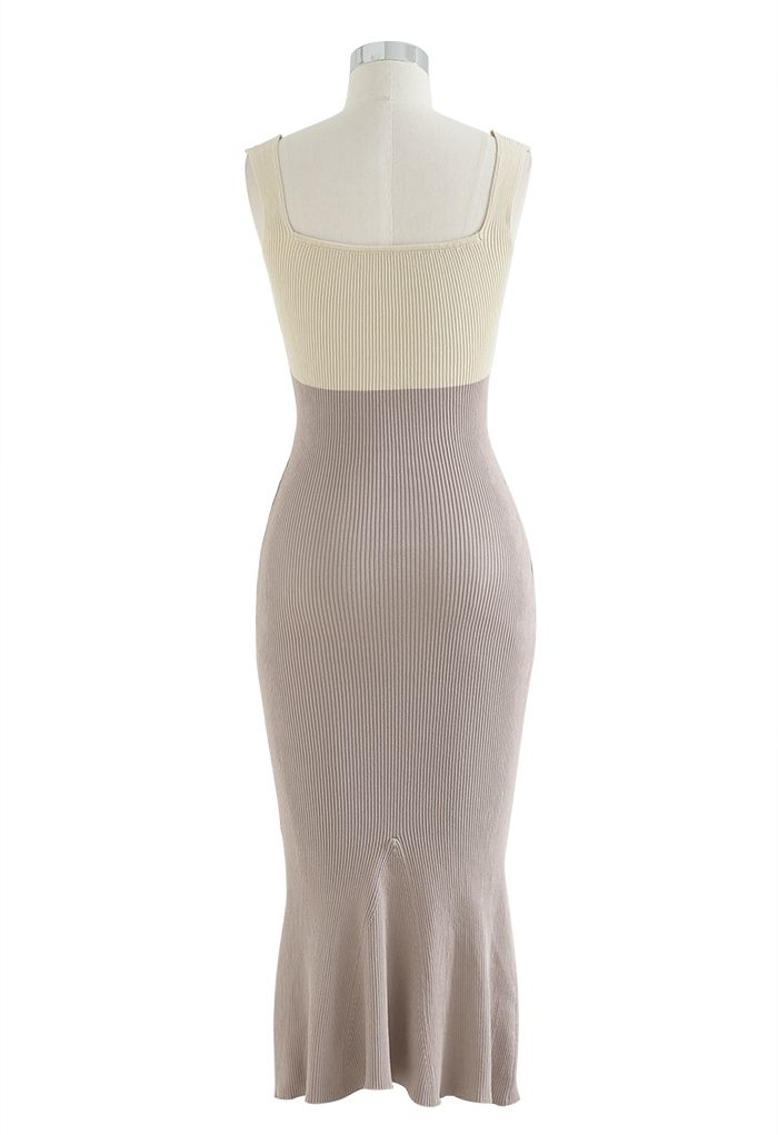 Two-Tone Knit Bodycon Frill Dress in Taupe