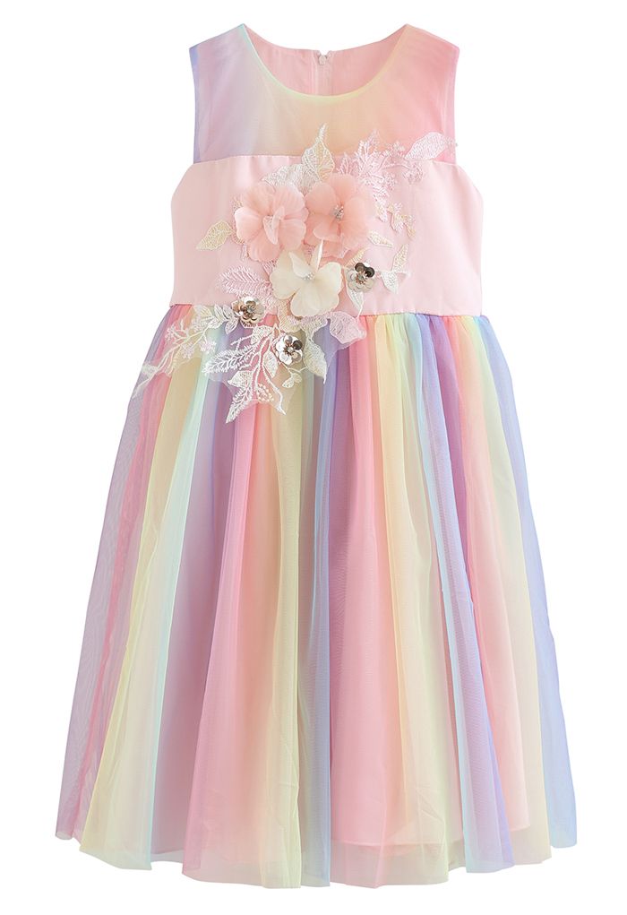 3D Flower Pastel Mesh Princess Dress in Pink For Kids