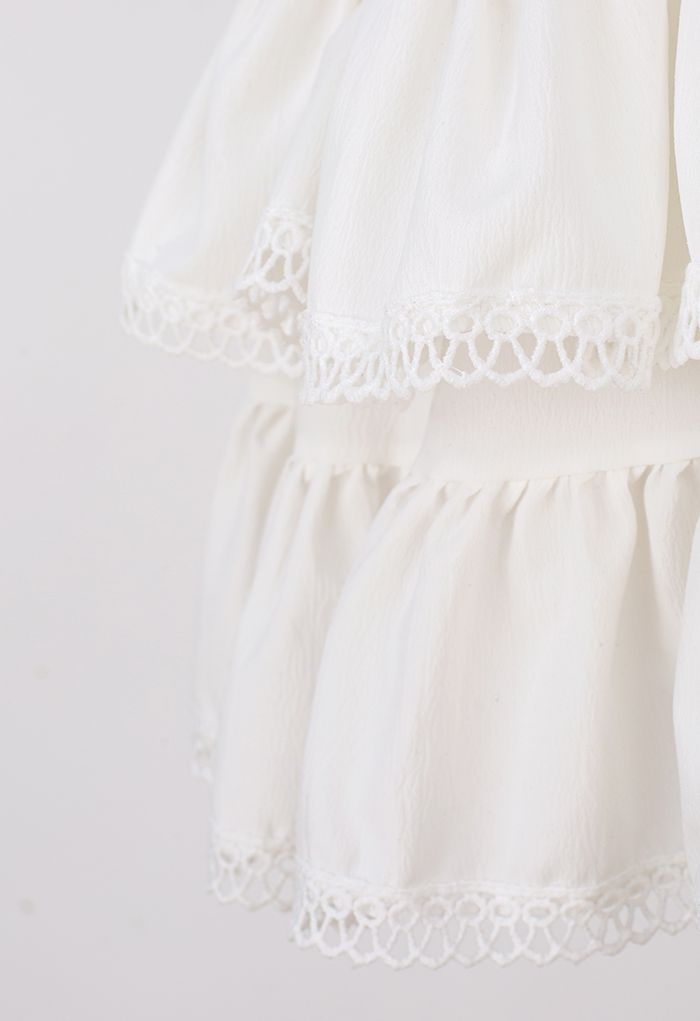 Crochet Edge Texture Tiered Mini Skirt in White