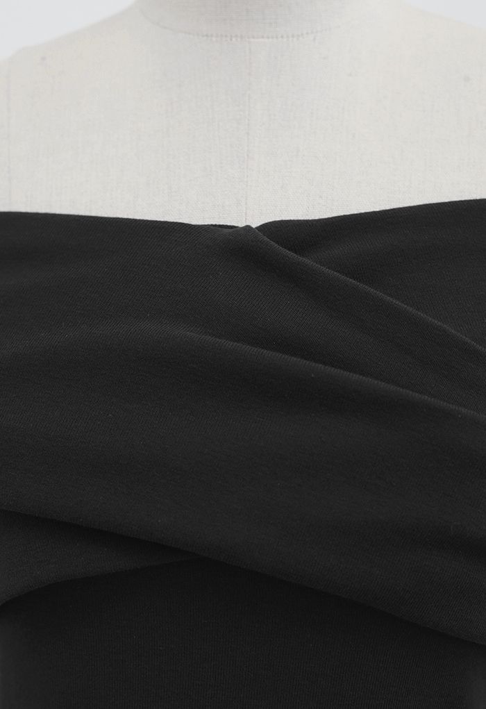 Trendy Cross Off-Shoulder Short Sleeve Top in Black