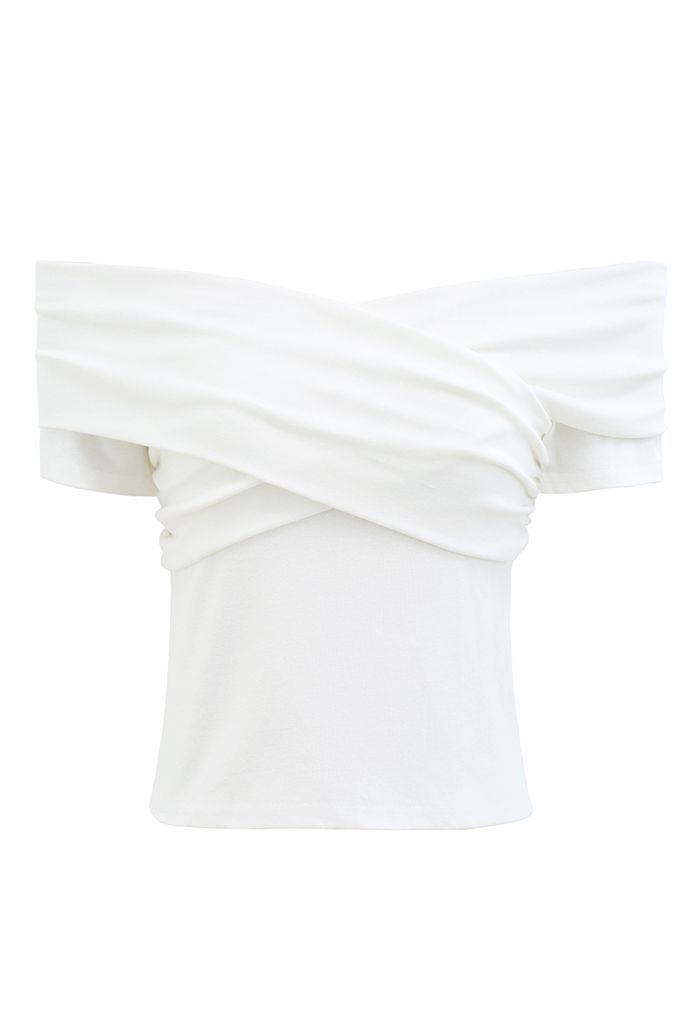 Trendy Cross Off-Shoulder Short Sleeve Top in White