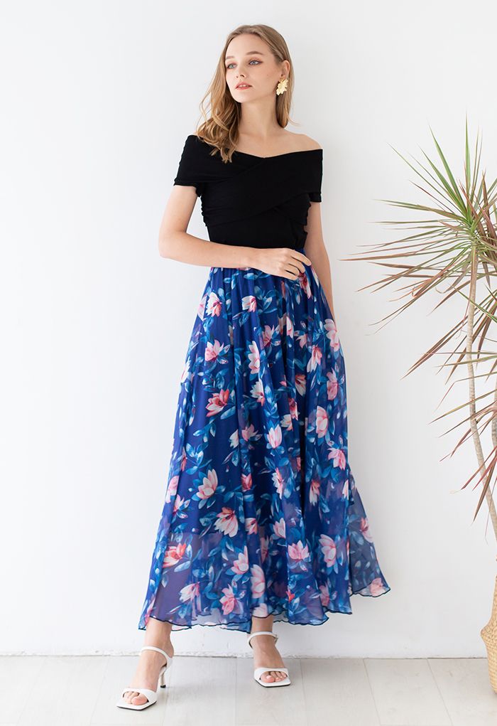 Blush Lotus Chiffon Maxi Skirt in Indigo