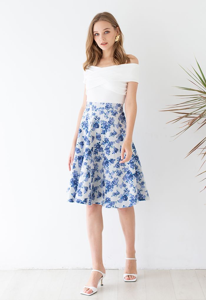 Blue Posy Jacquard A-Line Skirt