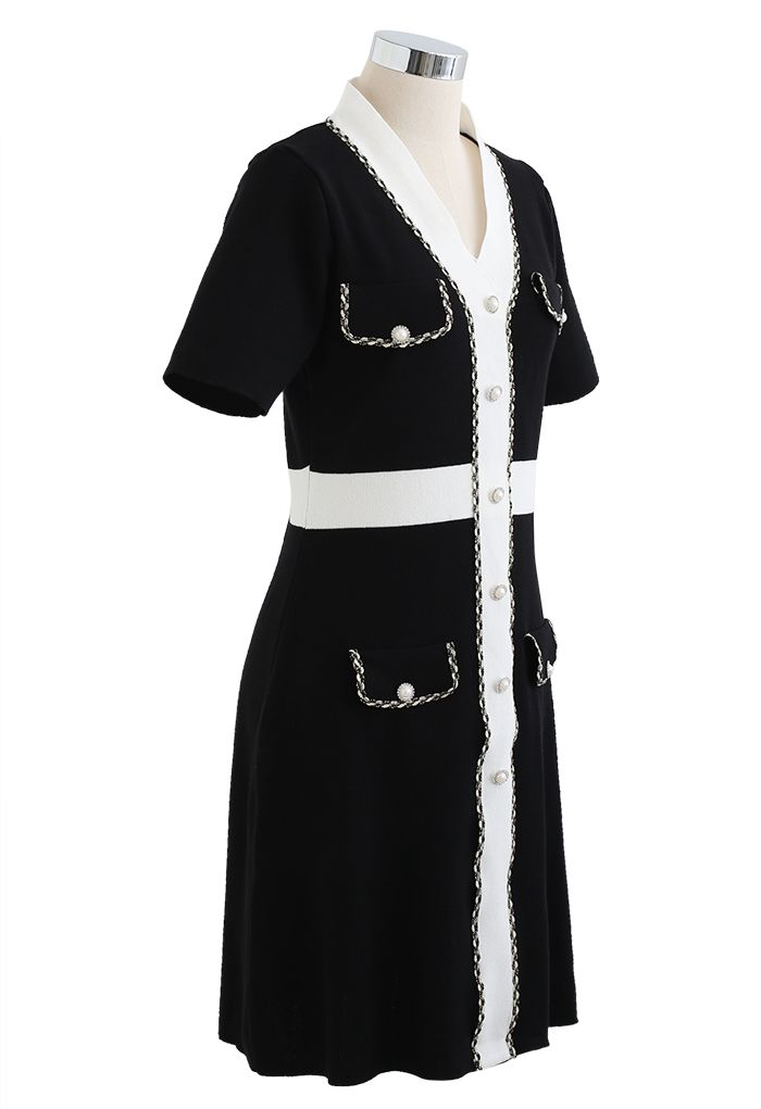 Retro Grace Contrast Color Knit Dress in Black