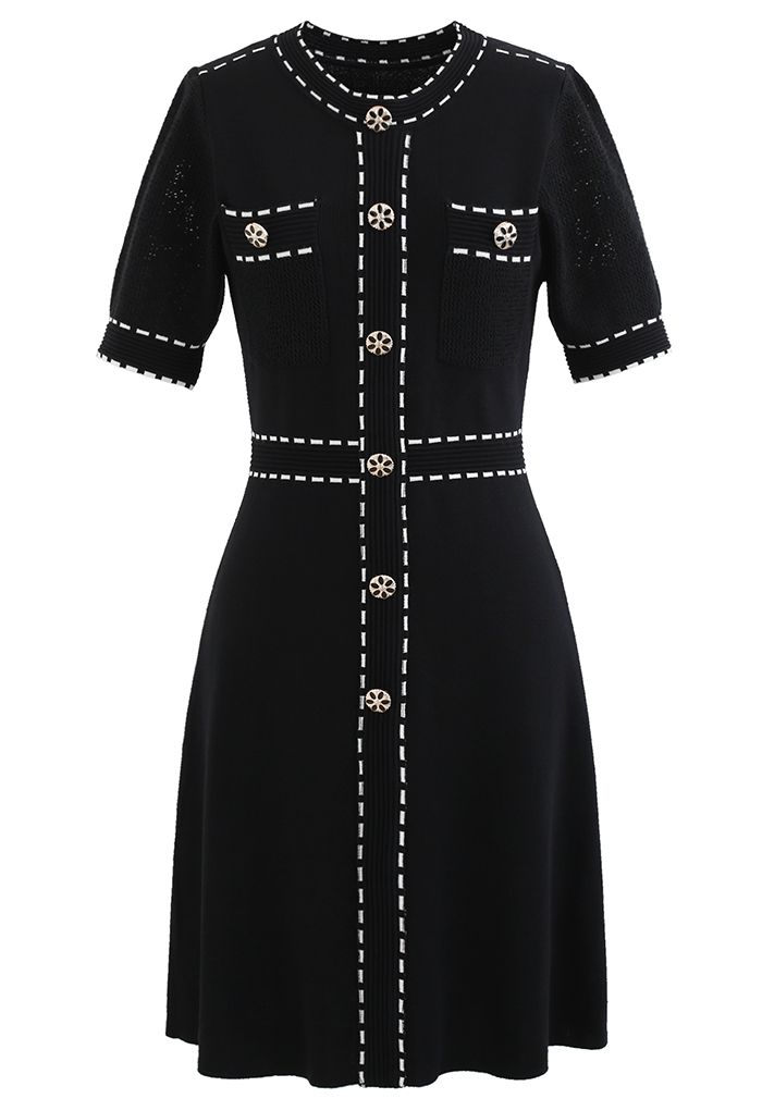 Extra Chic Button Embellished Knit Dress in Black