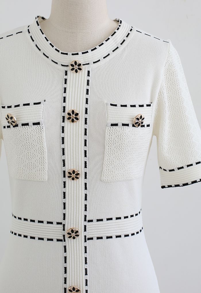 Extra Chic Button Embellished Knit Dress in White