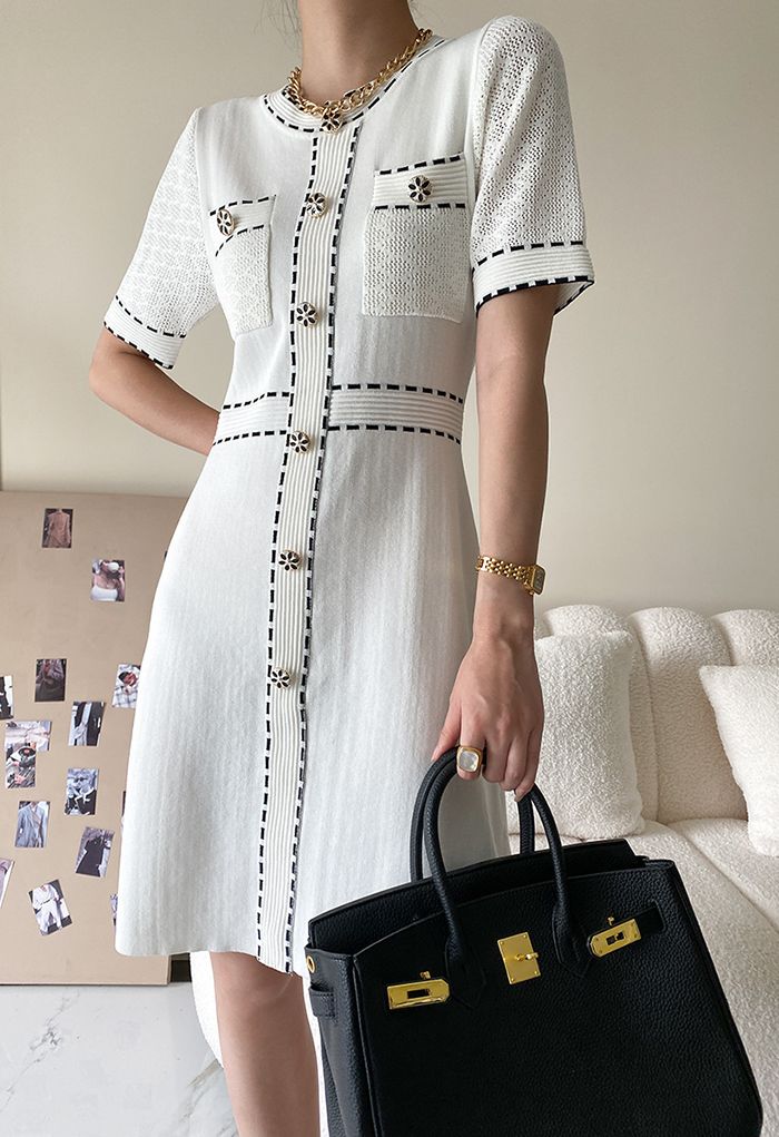 Extra Chic Button Embellished Knit Dress in White