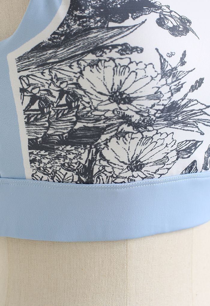 Black Sketch Cutout Back Sports Bra in Baby Blue