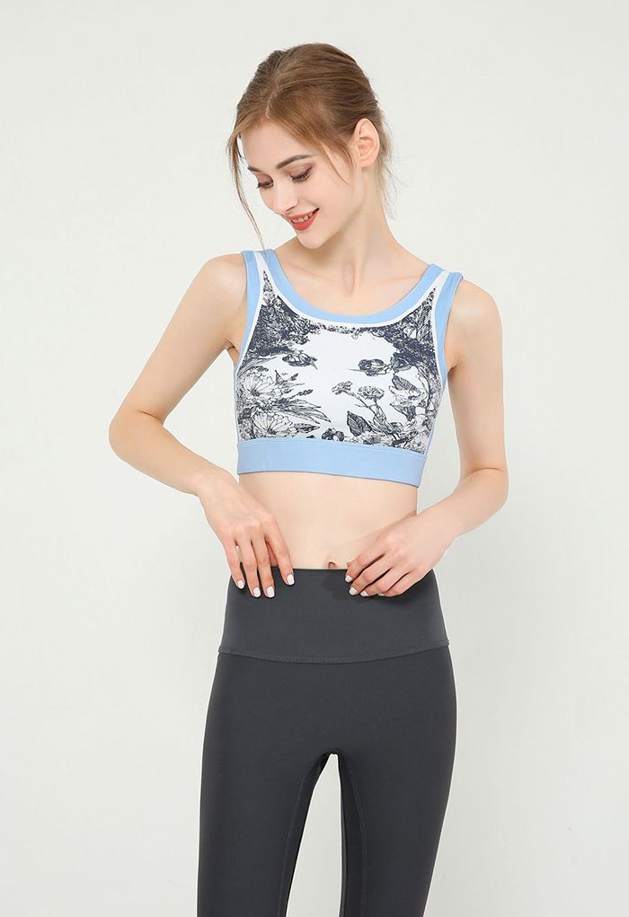 Black Sketch Cutout Back Sports Bra in Baby Blue