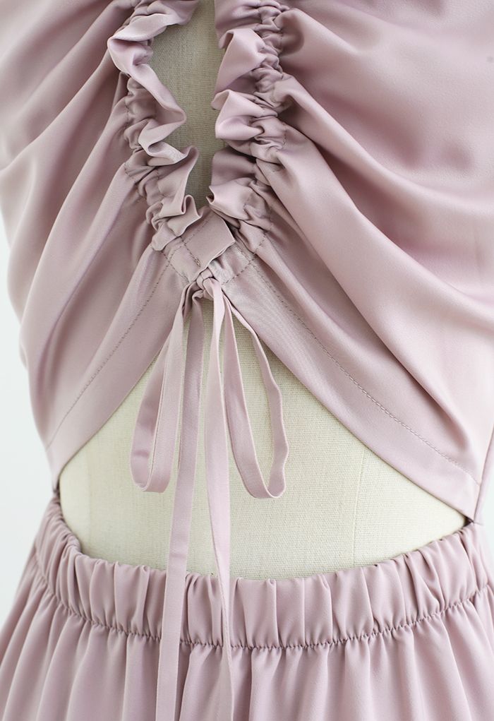 Drawstring Open Back Satin Midi Dress in Dusty Pink