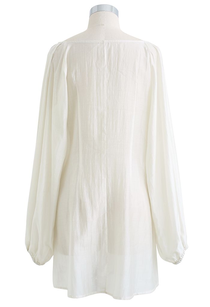 Semi-Sheer Puff Sleeve Longline Shirt in Ivory