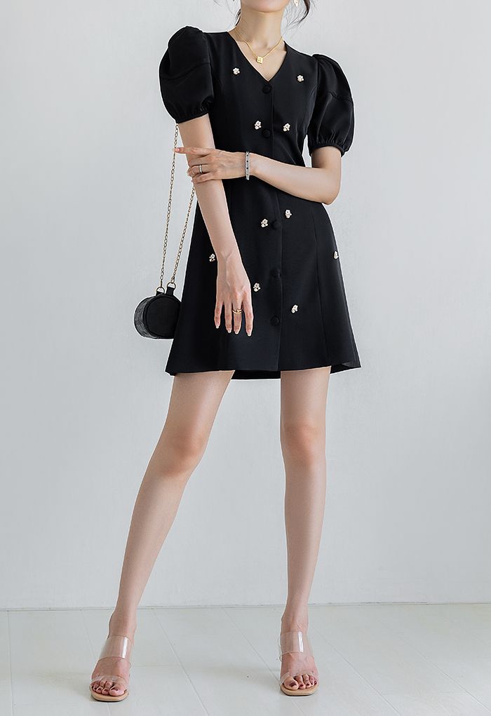 Pearly Posy Puff Sleeve Black Mini Dress