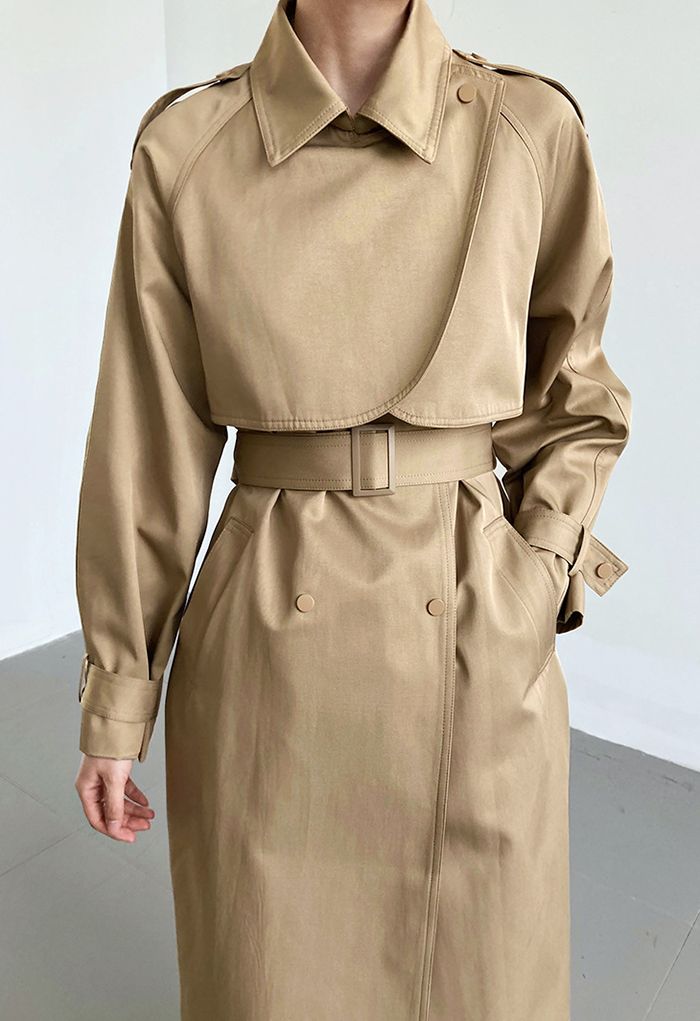 Stud Button Storm Flap Trench Coat in Khaki