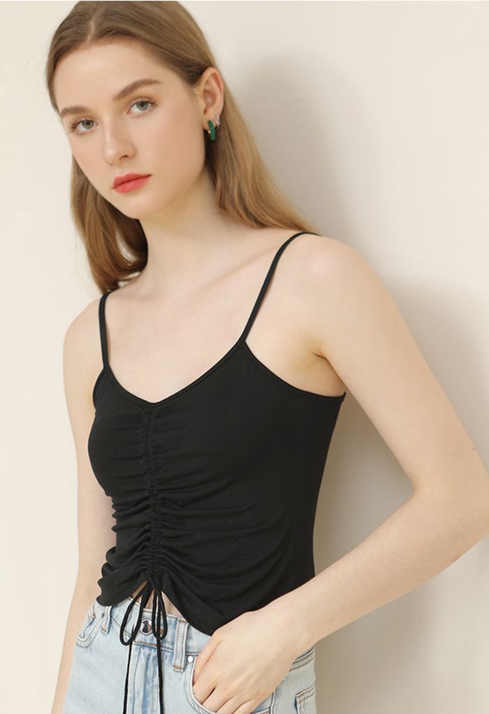Drawstring Ruched Front Cami Top in Black