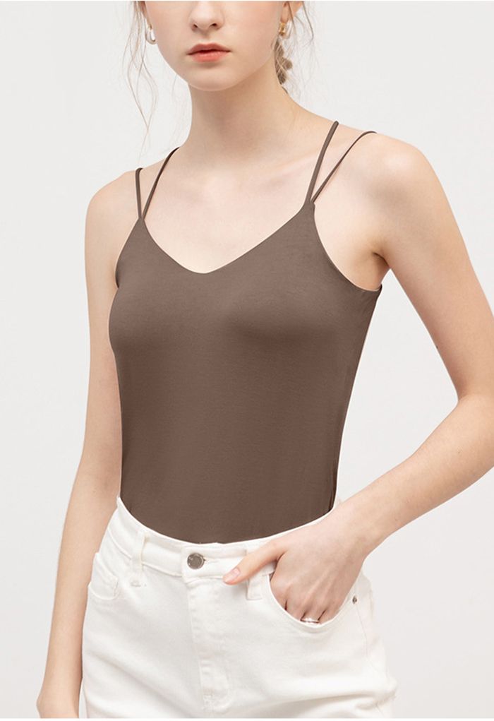 Double Straps Crisscross Back Cami Top in Brown