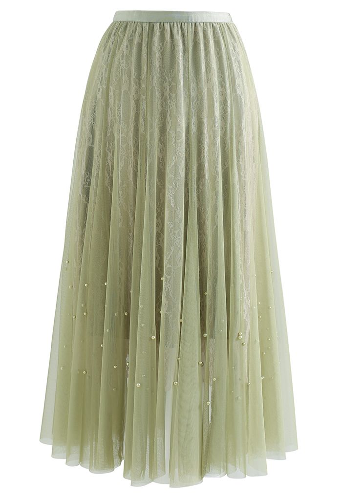 Pearl Decorated Lace Mesh Midi Skirt in Pistachio