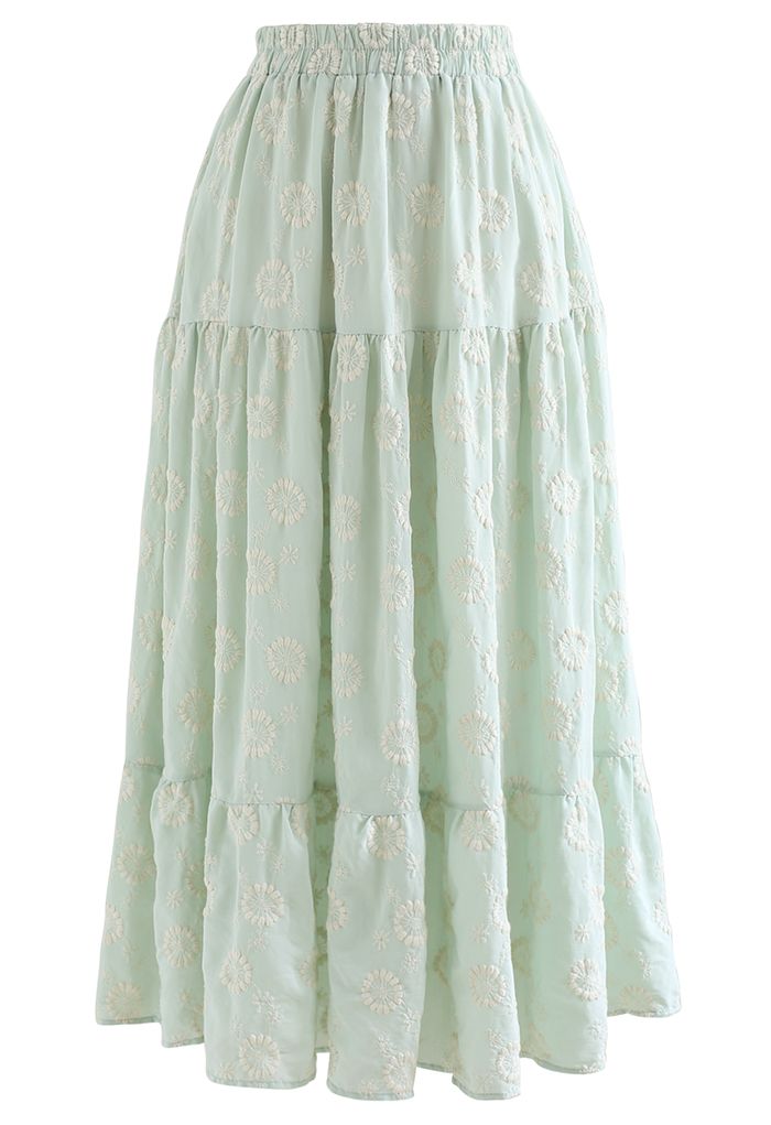 Embroidered Floral Frill Hem Midi Skirt in Mint