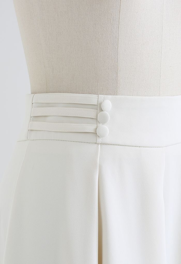 Button Trim Waist Flare Midi Skirt in Ivory