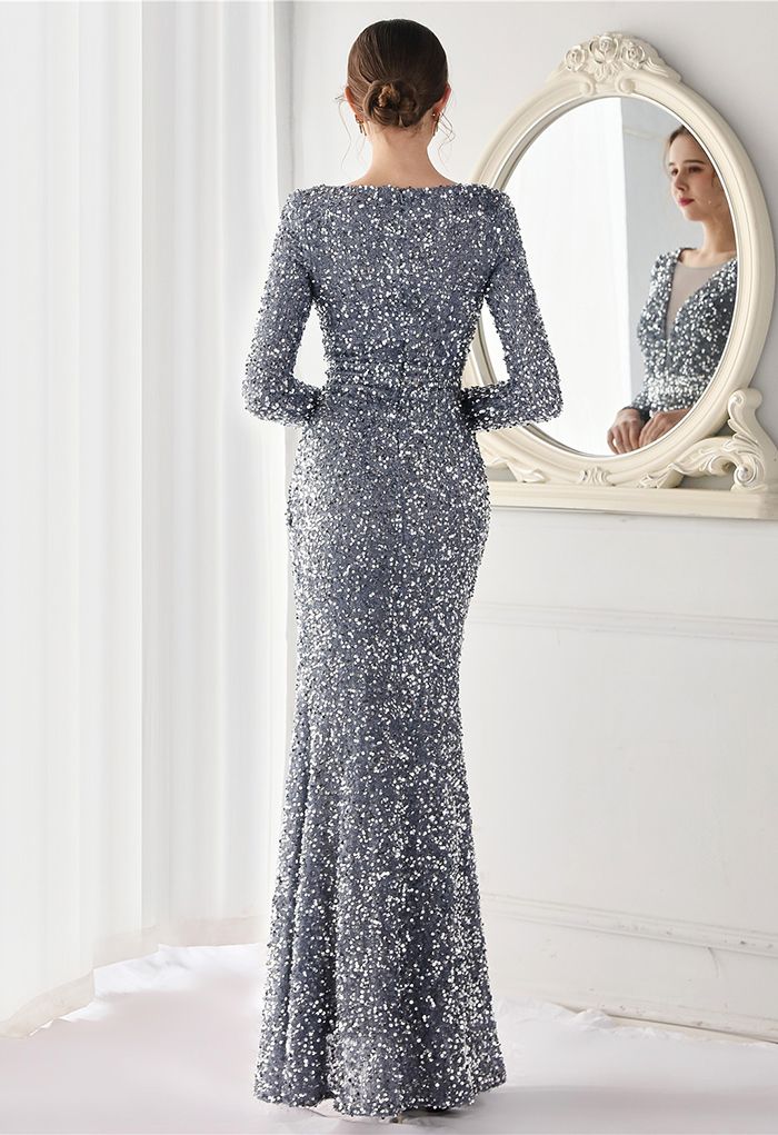 Side Slit Mesh V-Neck Sequined Gown in Grey