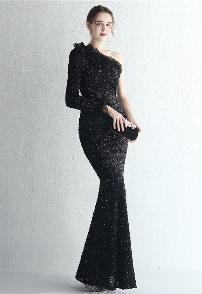 One-Shoulder Organza Trim Sequined Gown in Black