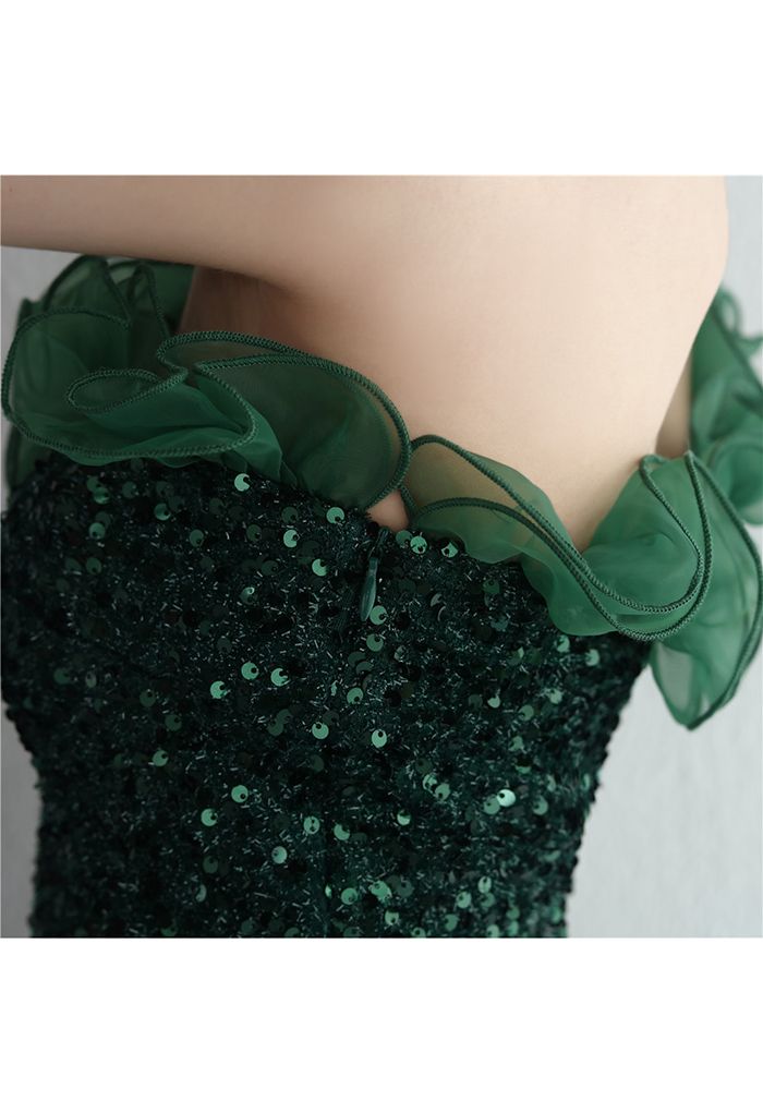 One-Shoulder Organza Trim Sequined Gown in Emerald