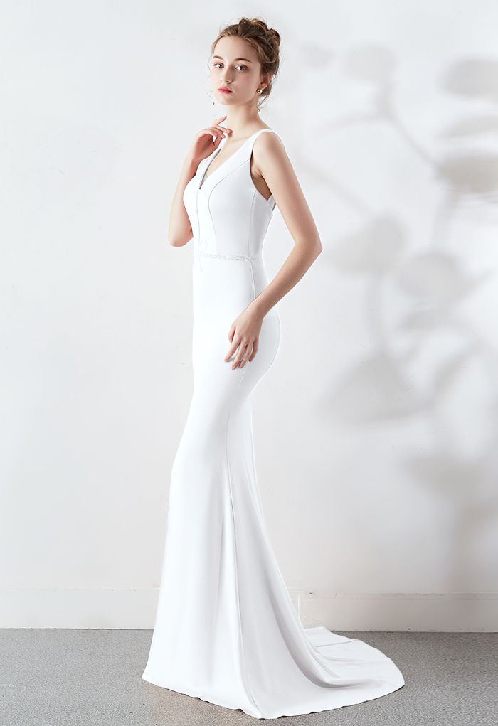 Beaded Bowknot Split Mermaid Satin Gown in White